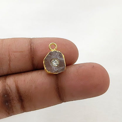 Natural Raw Rose Quartz Pendant with CZ 18k Gold Electroplated Handmade Crystal Charm For DIY