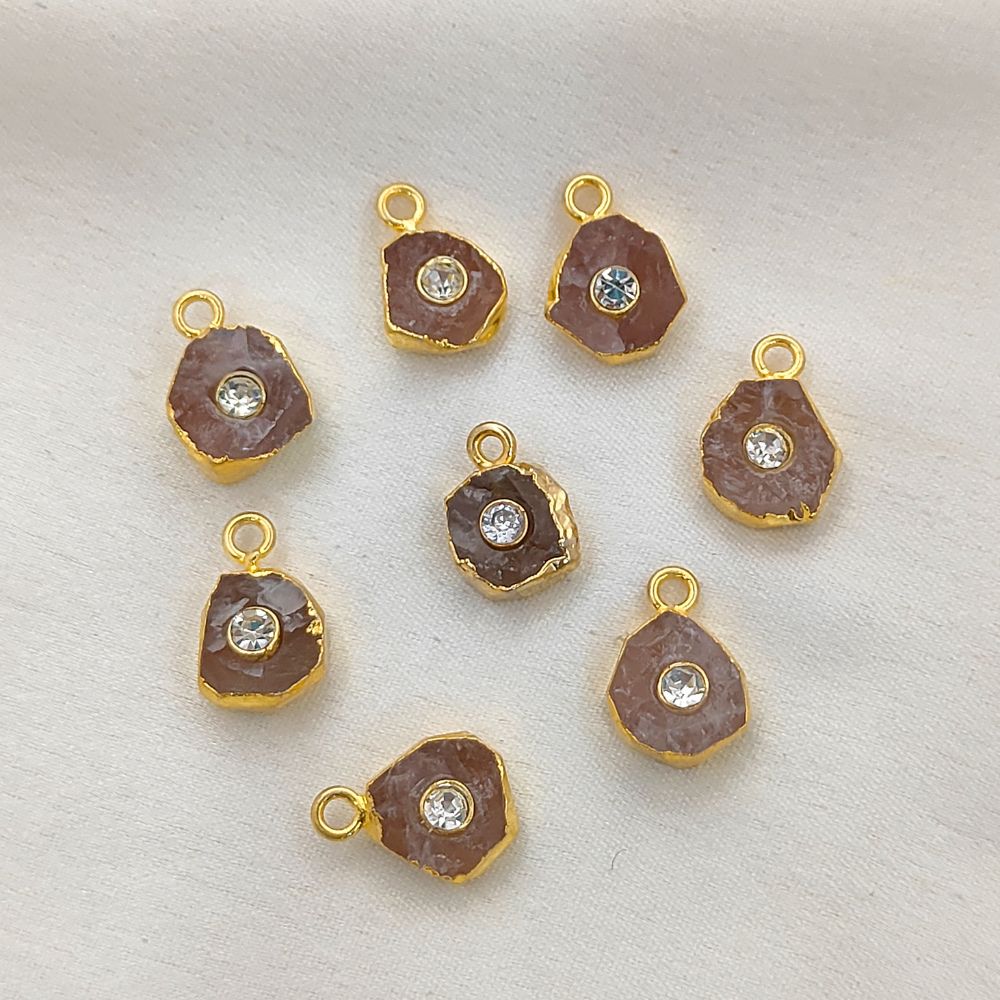 Natural Raw Rose Quartz Pendant with CZ 18k Gold Electroplated Handmade Crystal Charm For DIY