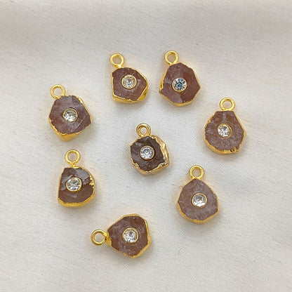 Natural Raw Rose Quartz Pendant with CZ 18k Gold Electroplated Handmade Crystal Charm For DIY