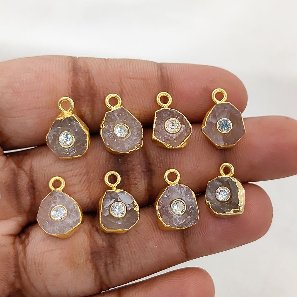 Natural Raw Rose Quartz Pendant with CZ 18k Gold Electroplated Handmade Crystal Charm For DIY