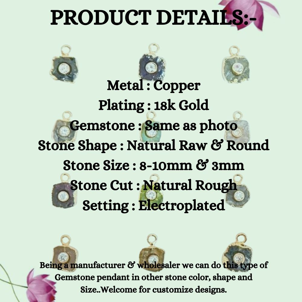 Natural Raw Rose Quartz Pendant with CZ 18k Gold Electroplated Handmade Crystal Charm For DIY