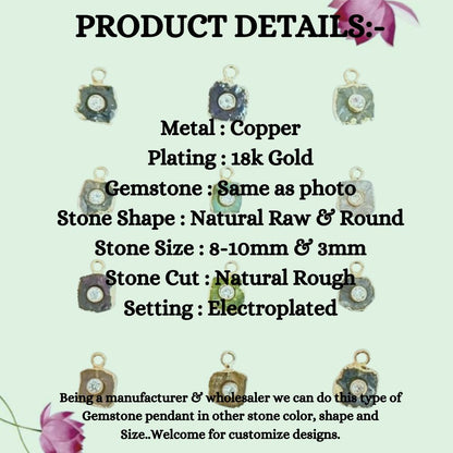 Natural Raw Rose Quartz Pendant with CZ 18k Gold Electroplated Handmade Crystal Charm For DIY