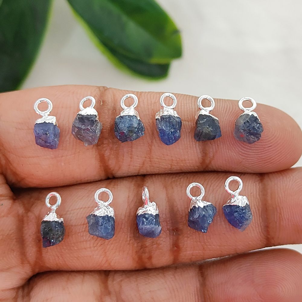 Natural Rough Blue Sapphire Crystal Charms 5–7mm Gemstone Pendants with Electroplated Cap, DIY Jewelry & Craft Supplies