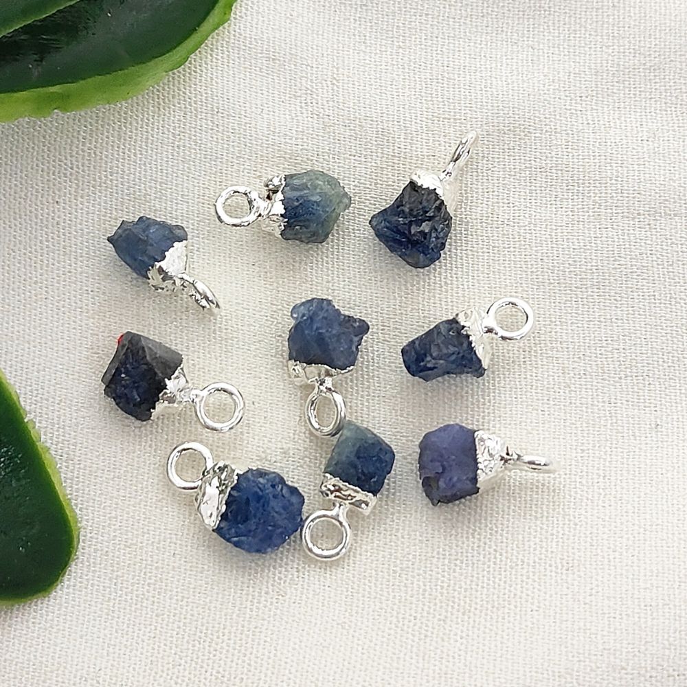 Natural Rough Blue Sapphire Crystal Charms 5–7mm Gemstone Pendants with Electroplated Cap, DIY Jewelry & Craft Supplies