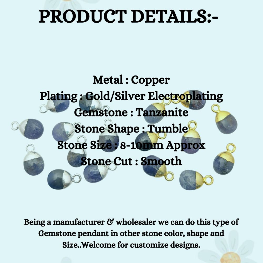 Natural Tanzanite Spike Pendant 8–10mm December Birthstone Blue Crystal Charm with Gold/Silver Plated Cap for Handmade Jewelry