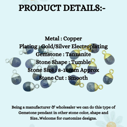 Natural Tanzanite Spike Pendant 8–10mm December Birthstone Blue Crystal Charm with Gold/Silver Plated Cap for Handmade Jewelry