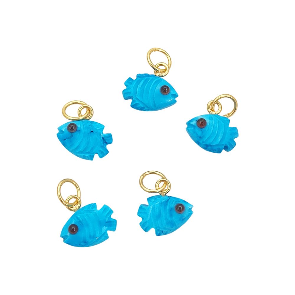 Hand-Carved Natural Turquoise Mini Fish Pendant with Gold Plated 925 Silver Bail