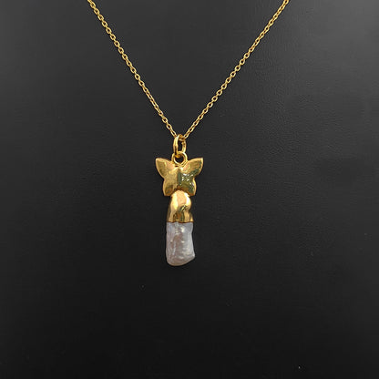 Elegant Handmade White Biwa Pearl Necklace with Gold Butterfly Pendant Freshwater Stick Pearl Jewelry