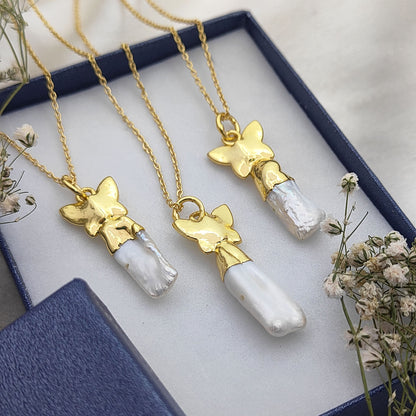 Elegant Handmade White Biwa Pearl Necklace with Gold Butterfly Pendant Freshwater Stick Pearl Jewelry