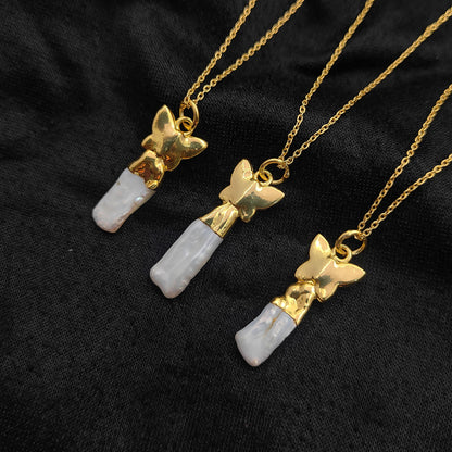 Elegant Handmade White Biwa Pearl Necklace with Gold Butterfly Pendant Freshwater Stick Pearl Jewelry