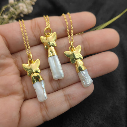 Elegant Handmade White Biwa Pearl Necklace with Gold Butterfly Pendant Freshwater Stick Pearl Jewelry