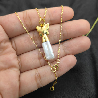 Elegant Handmade White Biwa Pearl Necklace with Gold Butterfly Pendant Freshwater Stick Pearl Jewelry