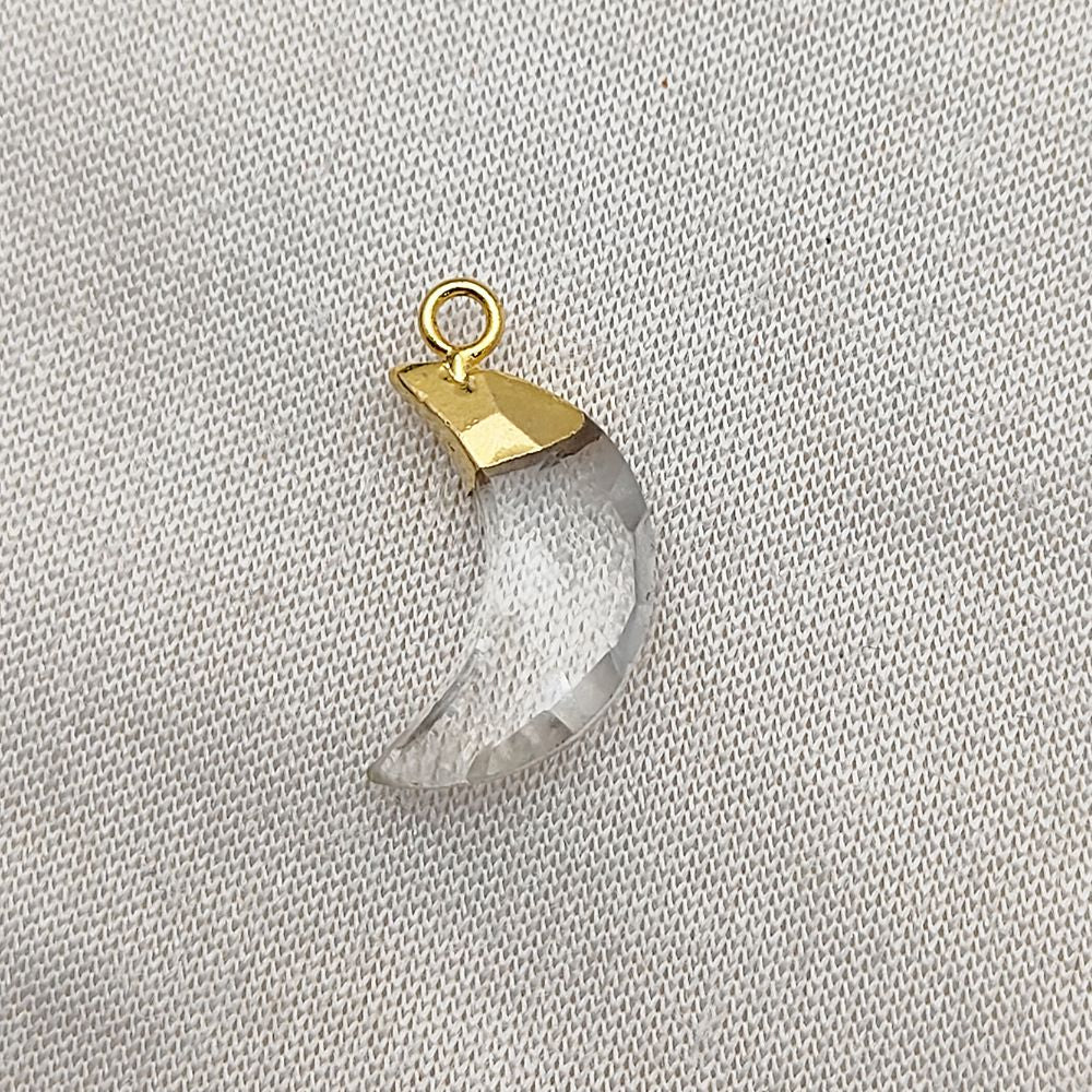 Crystal Quartz Moon Charm – Crescent Pendant with Gold or Silver Cap for Jewelry Making