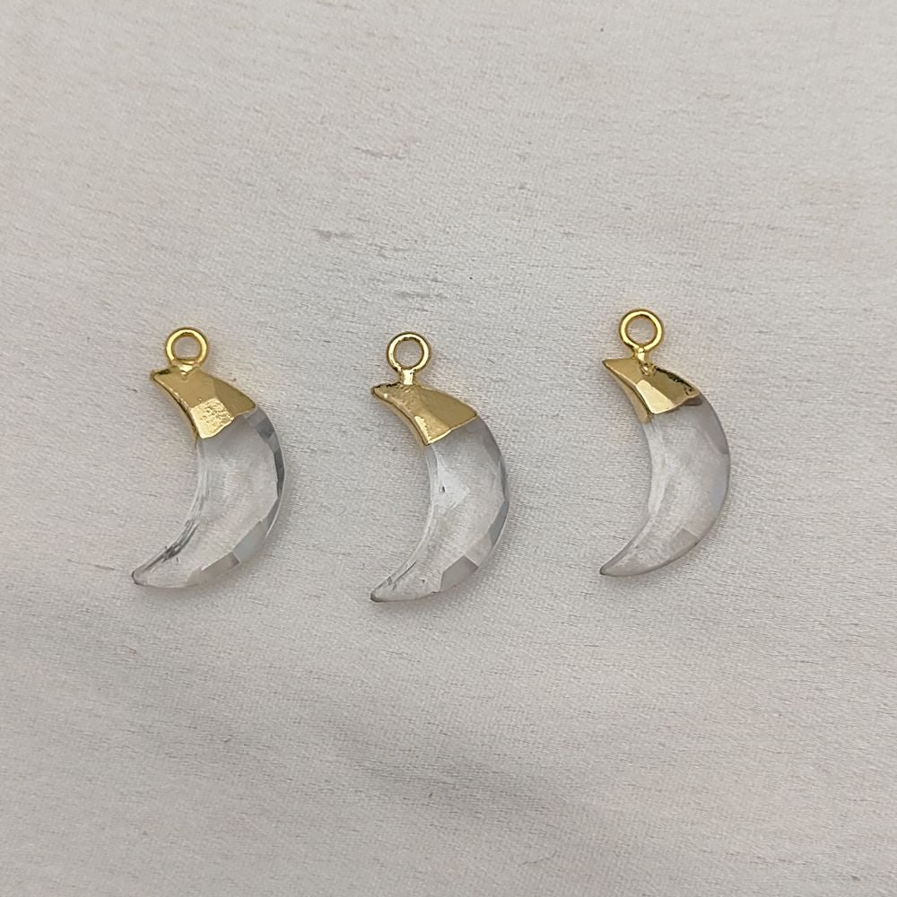 Quartz Crescent Moon Pendant – Electroplated Gold or Silver Topped Crystal for Crafting