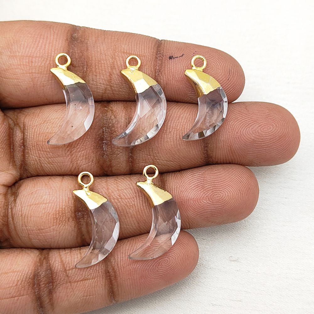 Crescent Moon Clear Quartz Pendant – Gold/Silver Capped Gemstone for Handmade Jewelry
