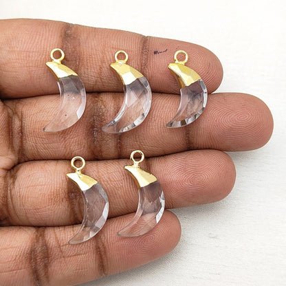 Crescent Moon Clear Quartz Pendant – Gold/Silver Capped Gemstone for Handmade Jewelry