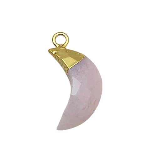Crescent Moon Pink Opal Pendant – Gold or Silver Capped Crystal Charm for DIY Jewelry