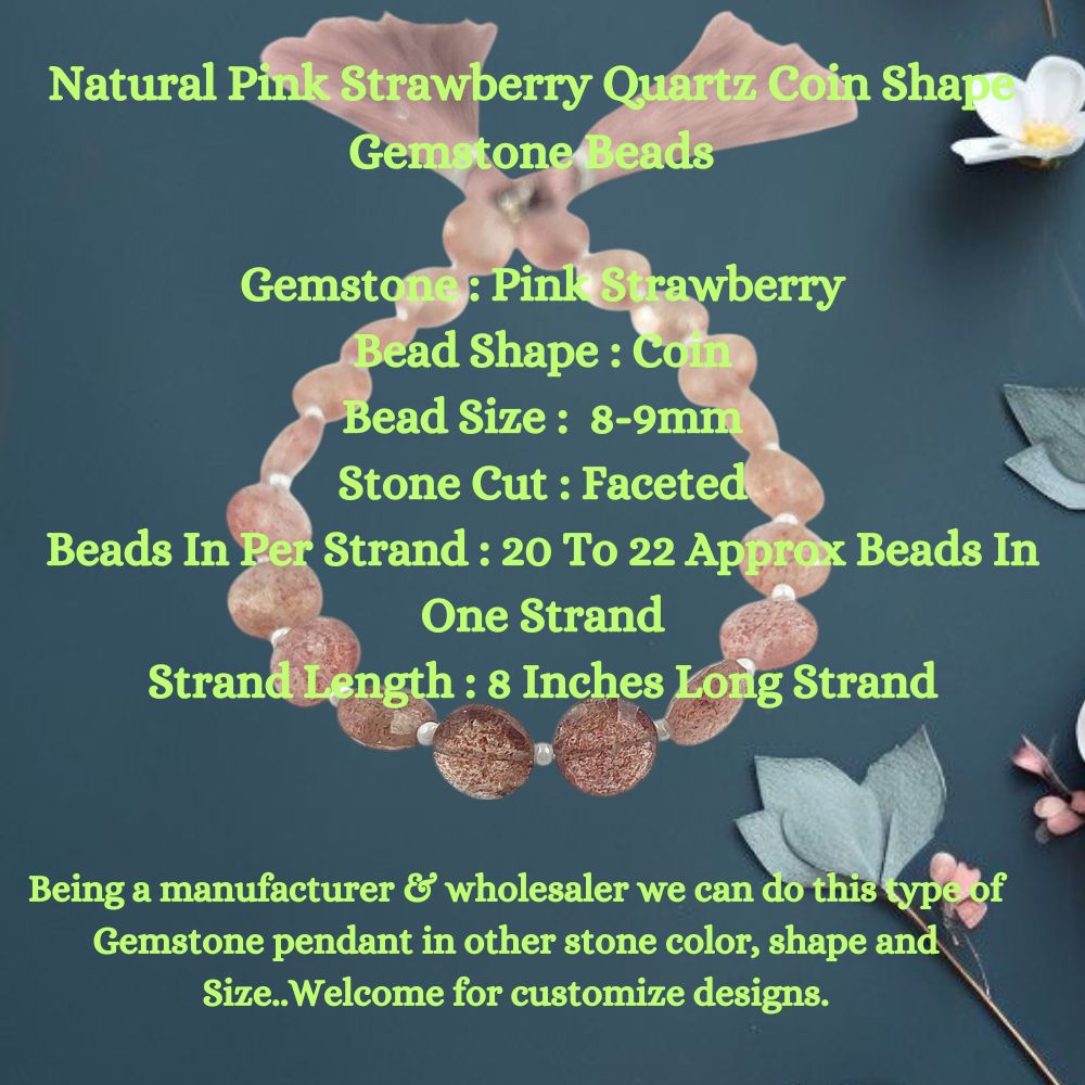 Natural Pink Strawberry Quartz Coin Shape Gemstone Beads