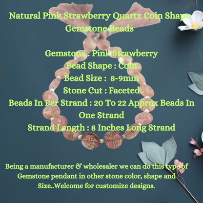 Natural Pink Strawberry Quartz Coin Shape Gemstone Beads