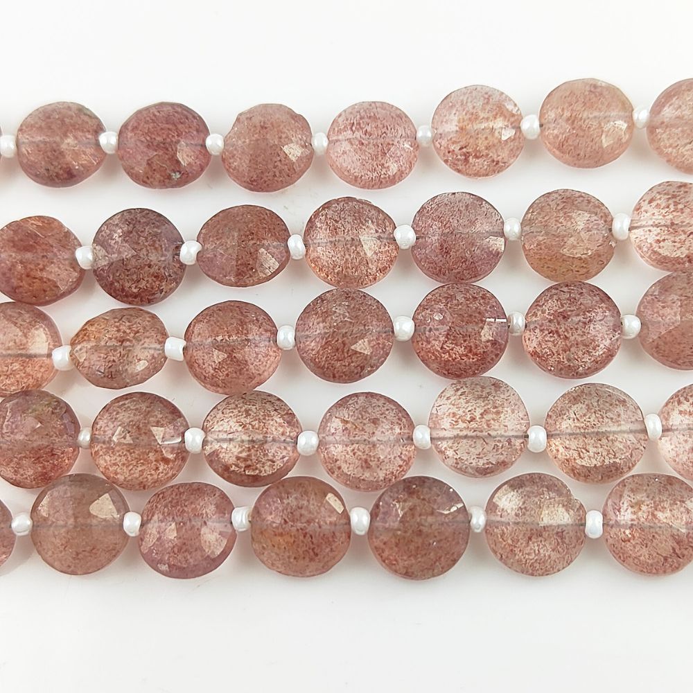 Natural Pink Strawberry Quartz Coin Shape Gemstone Beads