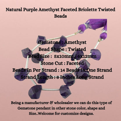 Natural Purple Amethyst Faceted Briolette Twisted Beads