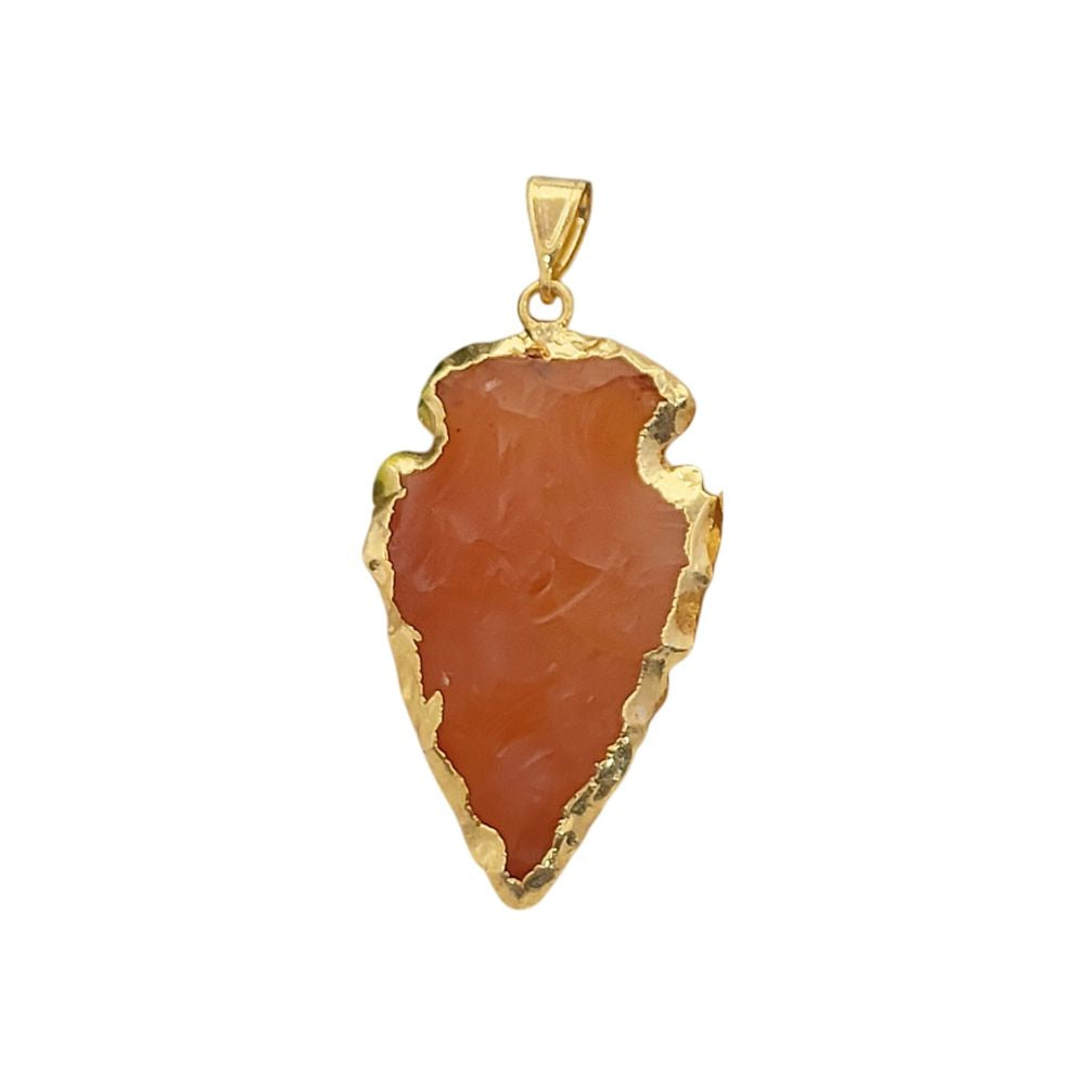 Natural Raw Carnelian Arrowhead Pendant, Tribal Stone Point Charm with Brass Electroplated Edge, DIY Jewelry Making