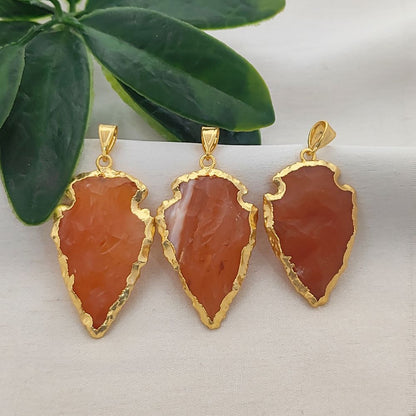 Natural Raw Carnelian Arrowhead Pendant, Tribal Stone Point Charm with Brass Electroplated Edge, DIY Jewelry Making
