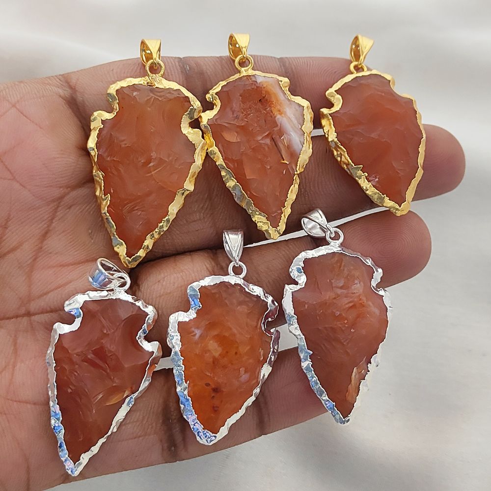Natural Raw Carnelian Arrowhead Pendant, Tribal Stone Point Charm with Brass Electroplated Edge, DIY Jewelry Making