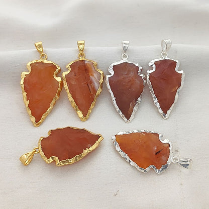 Natural Raw Carnelian Arrowhead Pendant, Tribal Stone Point Charm with Brass Electroplated Edge, DIY Jewelry Making