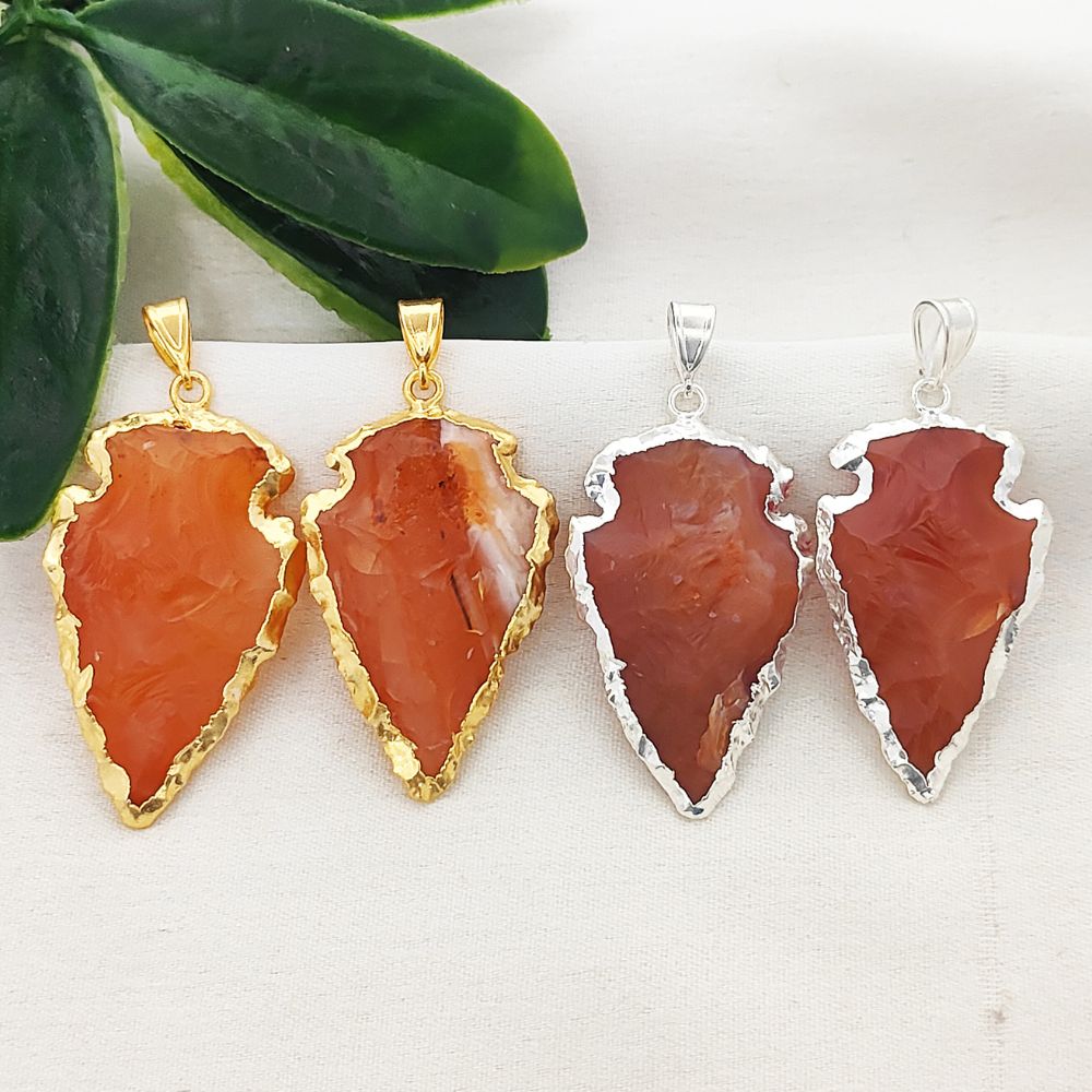 Natural Raw Carnelian Arrowhead Pendant, Tribal Stone Point Charm with Brass Electroplated Edge, DIY Jewelry Making