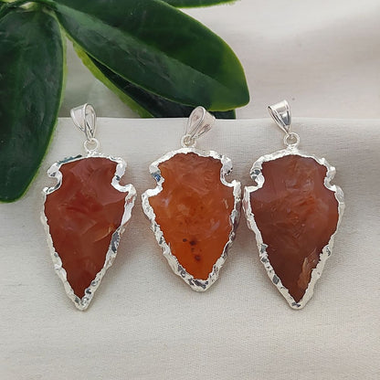 Natural Raw Carnelian Arrowhead Pendant, Tribal Stone Point Charm with Brass Electroplated Edge, DIY Jewelry Making