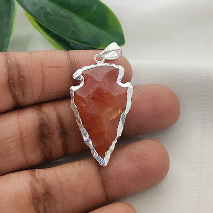 Natural Raw Carnelian Arrowhead Pendant, Tribal Stone Point Charm with Brass Electroplated Edge, DIY Jewelry Making