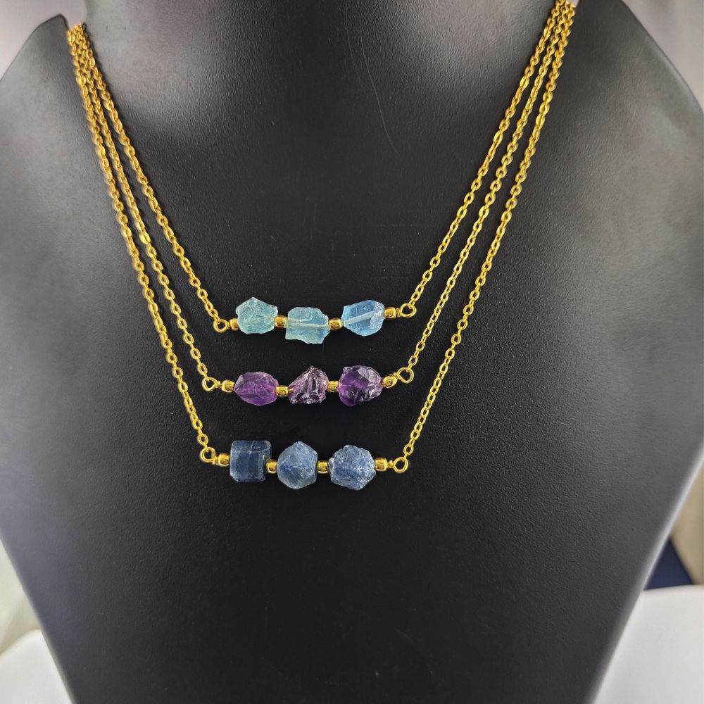 Natural Raw Multi Gemstone Handmade Gemstone Necklace Gold Plated Triple Stone Minimalist Jewelry for Women- Selling Per Piece
