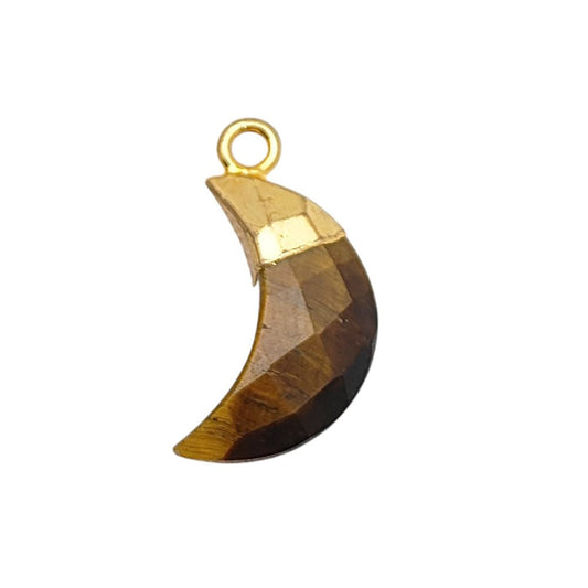 Crescent Moon Tiger’s Eye Pendant – Gold or Silver Electroplated Cap for DIY Jewelry
