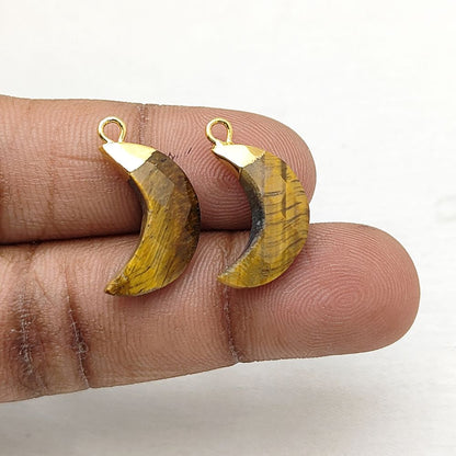 Crescent Tiger’s Eye Pendant – Crystal Charm with Gold or Silver Cap for Jewelry Design