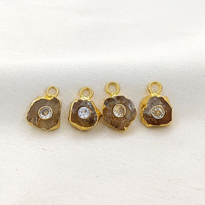 November Birthstone Citrine Pendant Raw 8-10mm Rough Gemstone with 3mm Cubic Zirconia in Gold Finish- Selling Per Piece