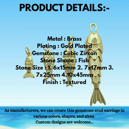 Ocean Inspired 3D Movable Fish Charm Gold Plated Waterproof Jewelry Pendant for Women- Selling Per Piece