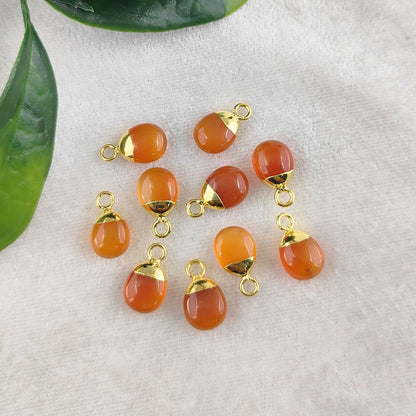 Orange Carnelian Crystal Pendant with Gold or Silver Electroplated Cap 8–10mm Tumbled Gemstone for Handmade Jewelry