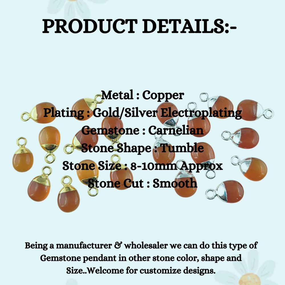 Orange Carnelian Crystal Pendant with Gold or Silver Electroplated Cap 8–10mm Tumbled Gemstone for Handmade Jewelry