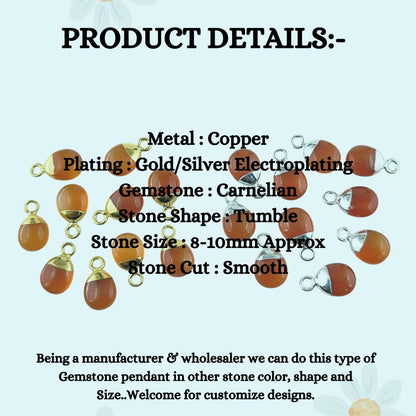 Orange Carnelian Crystal Pendant with Gold or Silver Electroplated Cap 8–10mm Tumbled Gemstone for Handmade Jewelry
