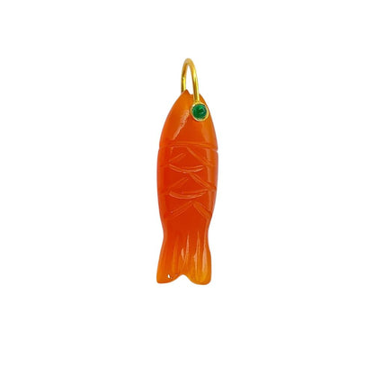 Orange Carnelian Fish Carved Pendant Inlay Gemstone in 925 Sterling Silver, Lucky Animal Charm for DIY Jewellery