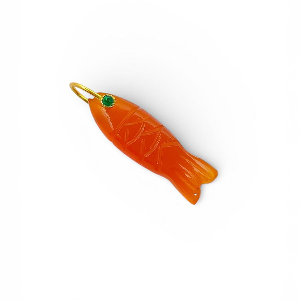Orange Carnelian Fish Carved Pendant Inlay Gemstone in 925 Sterling Silver, Lucky Animal Charm for DIY Jewellery