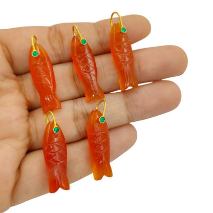 Orange Carnelian Fish Carved Pendant Inlay Gemstone in 925 Sterling Silver, Lucky Animal Charm for DIY Jewellery