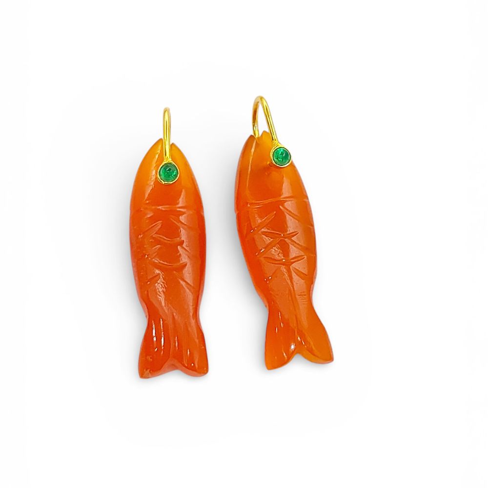 Orange Carnelian Fish Carved Pendant Inlay Gemstone in 925 Sterling Silver, Lucky Animal Charm for DIY Jewellery