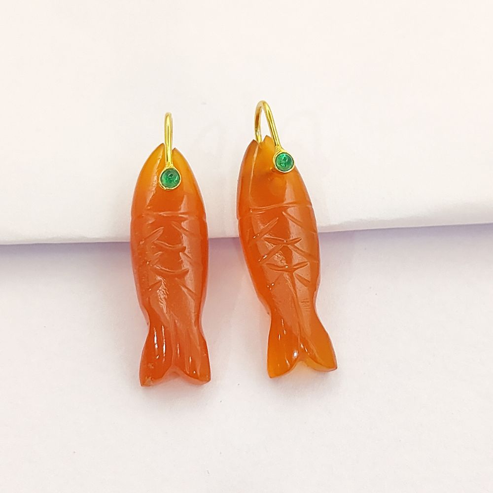 Orange Carnelian Fish Carved Pendant Inlay Gemstone in 925 Sterling Silver, Lucky Animal Charm for DIY Jewellery