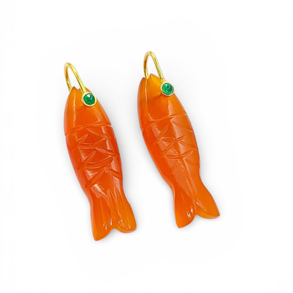Orange Carnelian Fish Carved Pendant Inlay Gemstone in 925 Sterling Silver, Lucky Animal Charm for DIY Jewellery