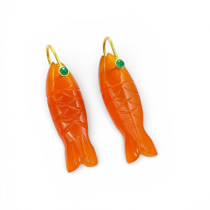 Orange Carnelian Fish Carved Pendant Inlay Gemstone in 925 Sterling Silver, Lucky Animal Charm for DIY Jewellery