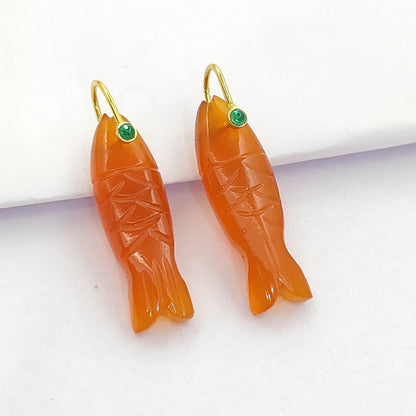 Orange Carnelian Fish Carved Pendant Inlay Gemstone in 925 Sterling Silver, Lucky Animal Charm for DIY Jewellery