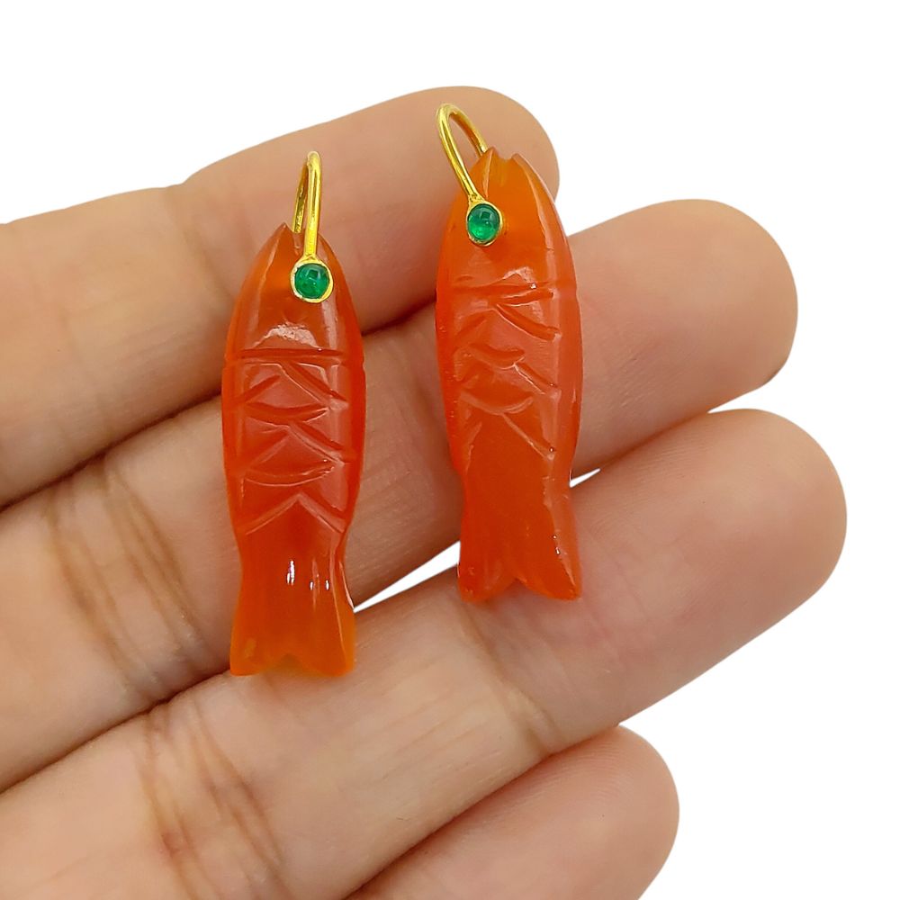 Orange Carnelian Fish Carved Pendant Inlay Gemstone in 925 Sterling Silver, Lucky Animal Charm for DIY Jewellery