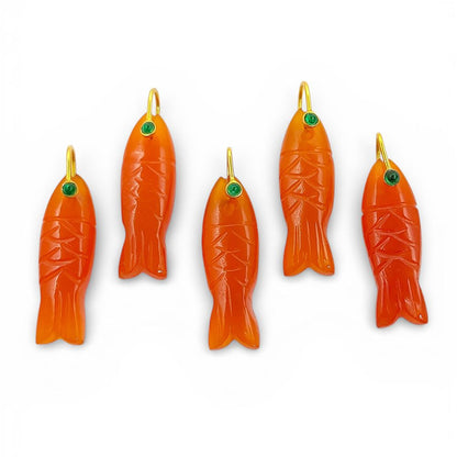 Orange Carnelian Fish Carved Pendant Inlay Gemstone in 925 Sterling Silver, Lucky Animal Charm for DIY Jewellery